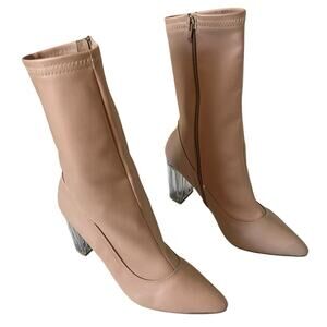 Mona Women Nude Pointed Boots Lucite Clear Block Heel Size MX 6 US 9 NWOB